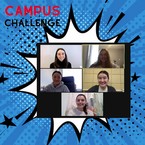 a group of 5 women smiling while on a zoom call. A blue blackground is behind the group with the words Campus Challenge at the top.