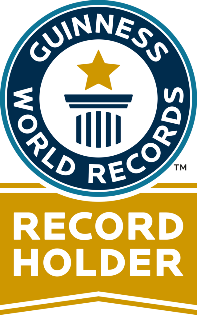 A blue and gold ribbon that reads, "Guinness World Records Record Holder."