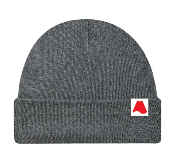 Grey knit hat with small tag with red cape.