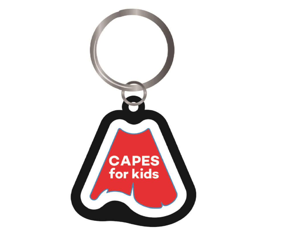 keychain ring and mini plastic red cape with "Capes for Kids" logo
