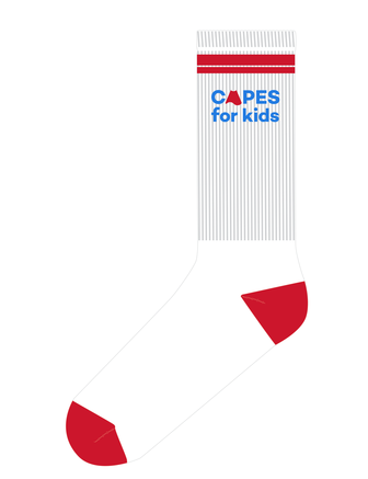 RIbbed white athletic socks with red toe, heel and blue Capes for Kids logo