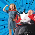 A child standing with a red cape on the left, and an adult sitting on a wheelchair on the right