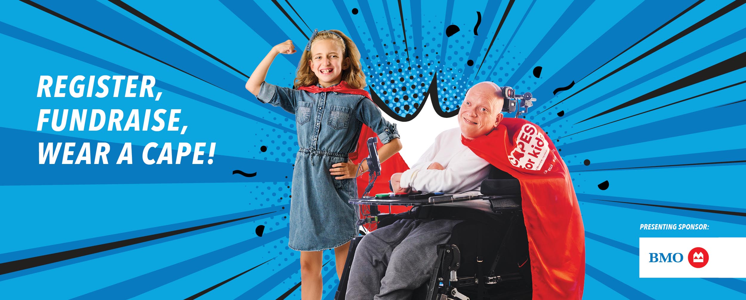 A child standing with a red cape on the left, and an adult sitting on a wheelchair on the right